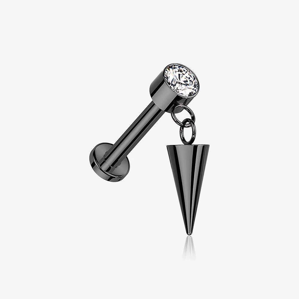Implant Grade Titanium Blackline Bezel Gem Spike Cone Dangle Internally Threaded Flat Back Labret