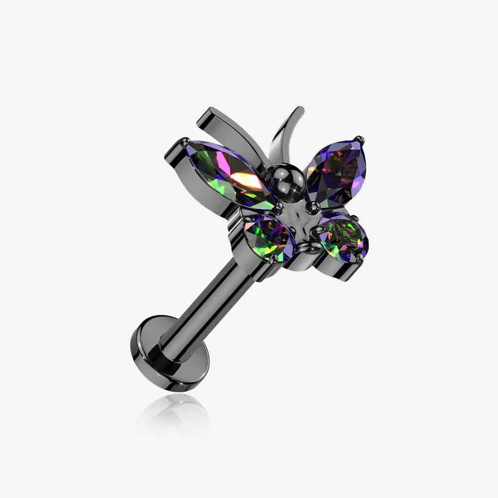 Implant Grade Titanium Blackline Butterfly Sparkle Internally Threaded Flat Back Stud Labret