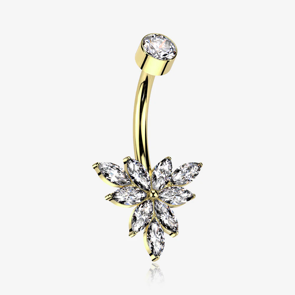 Implant Grade Titanium Golden Marquise Bloom Sparkle Flower Internally Threaded Belly Ring