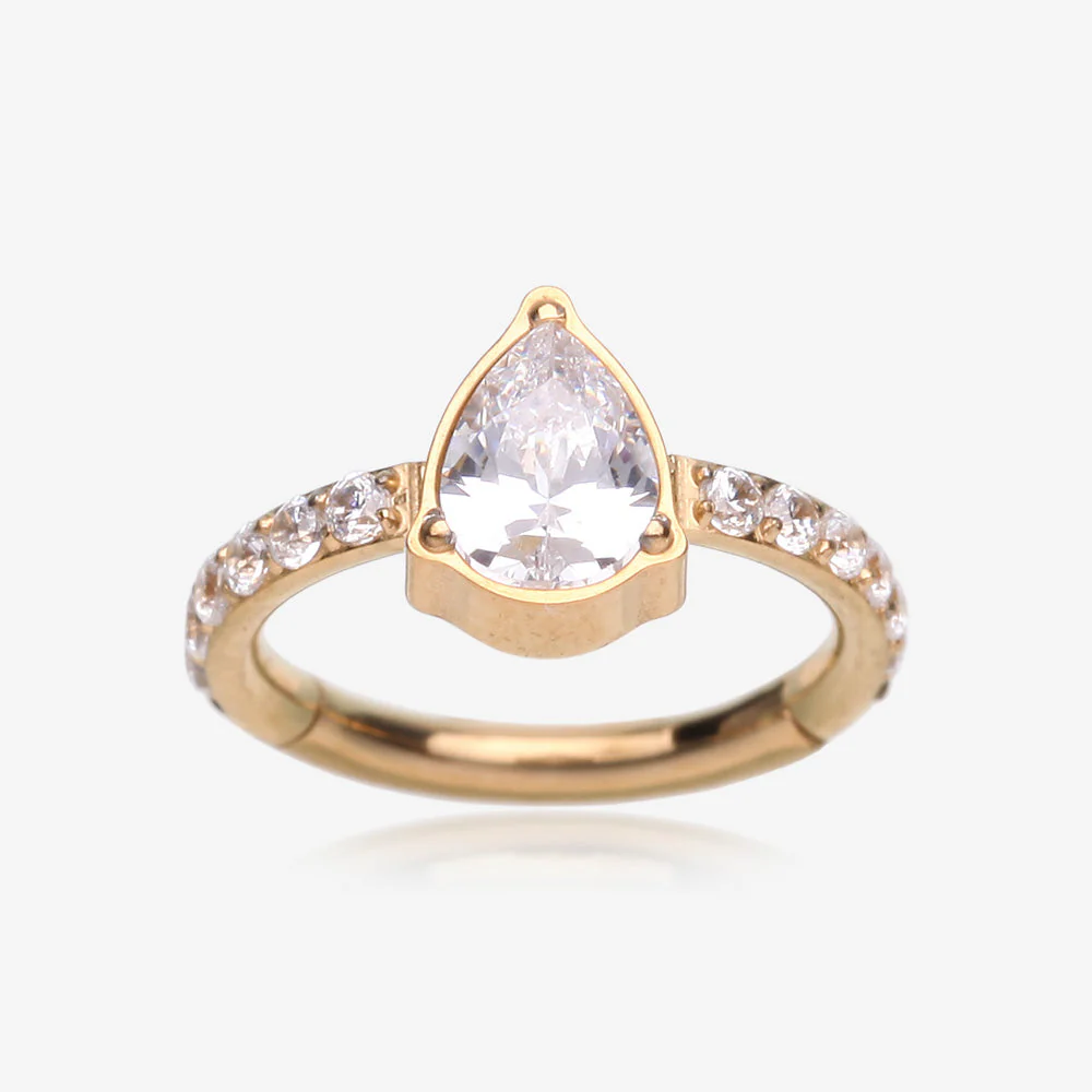 Implant Grade Titanium Golden Teardrop Sparkle Multi-Gem Rimmed Seamless Clicker Hoop Ring