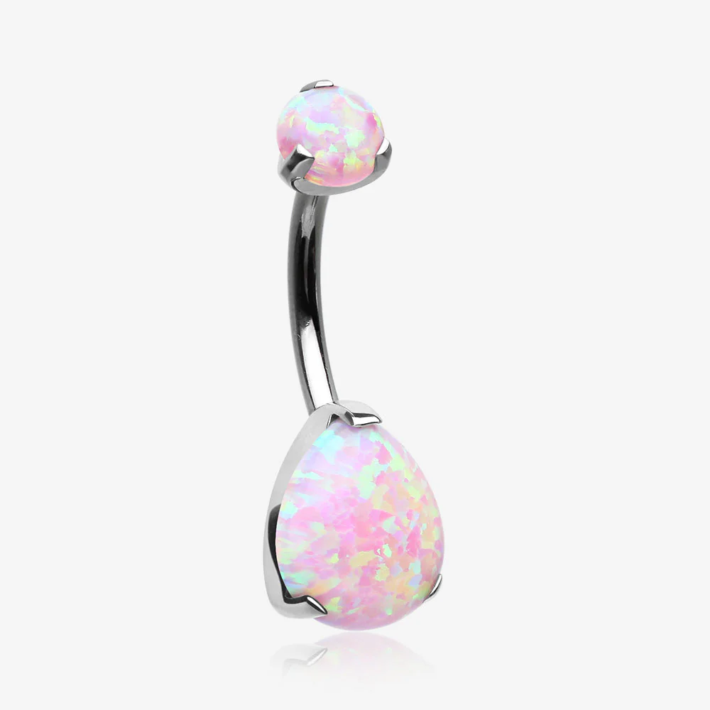 Implant Grade Titanium Internally Threaded Teardrop Opal Prong Belly Button Ring