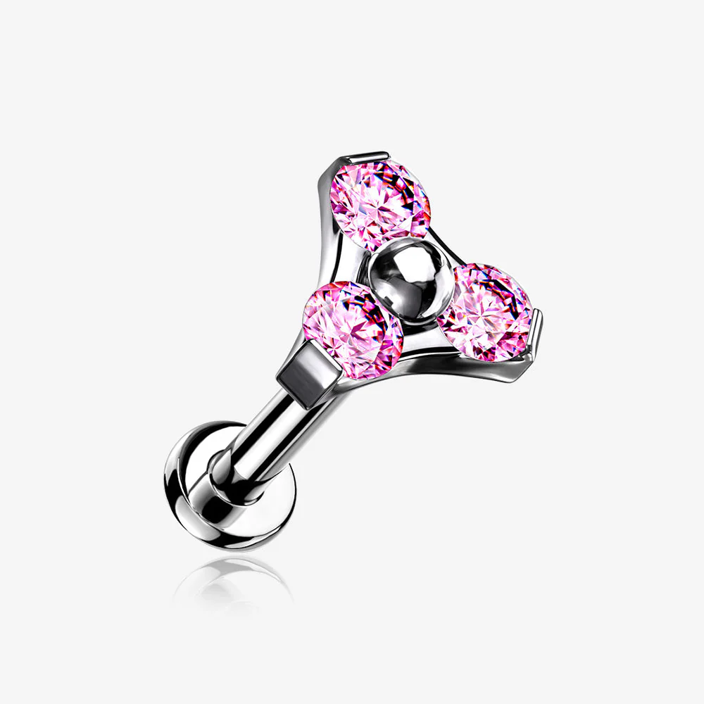 Implant Grade Titanium OneFit Threadless Trinity Gem Sparkle Top Flat Back Stud Labret