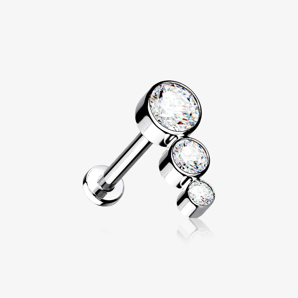 Implant Grade Titanium Triple Cascading Sparkle Top Internally Threaded Flat Back Stud Labret