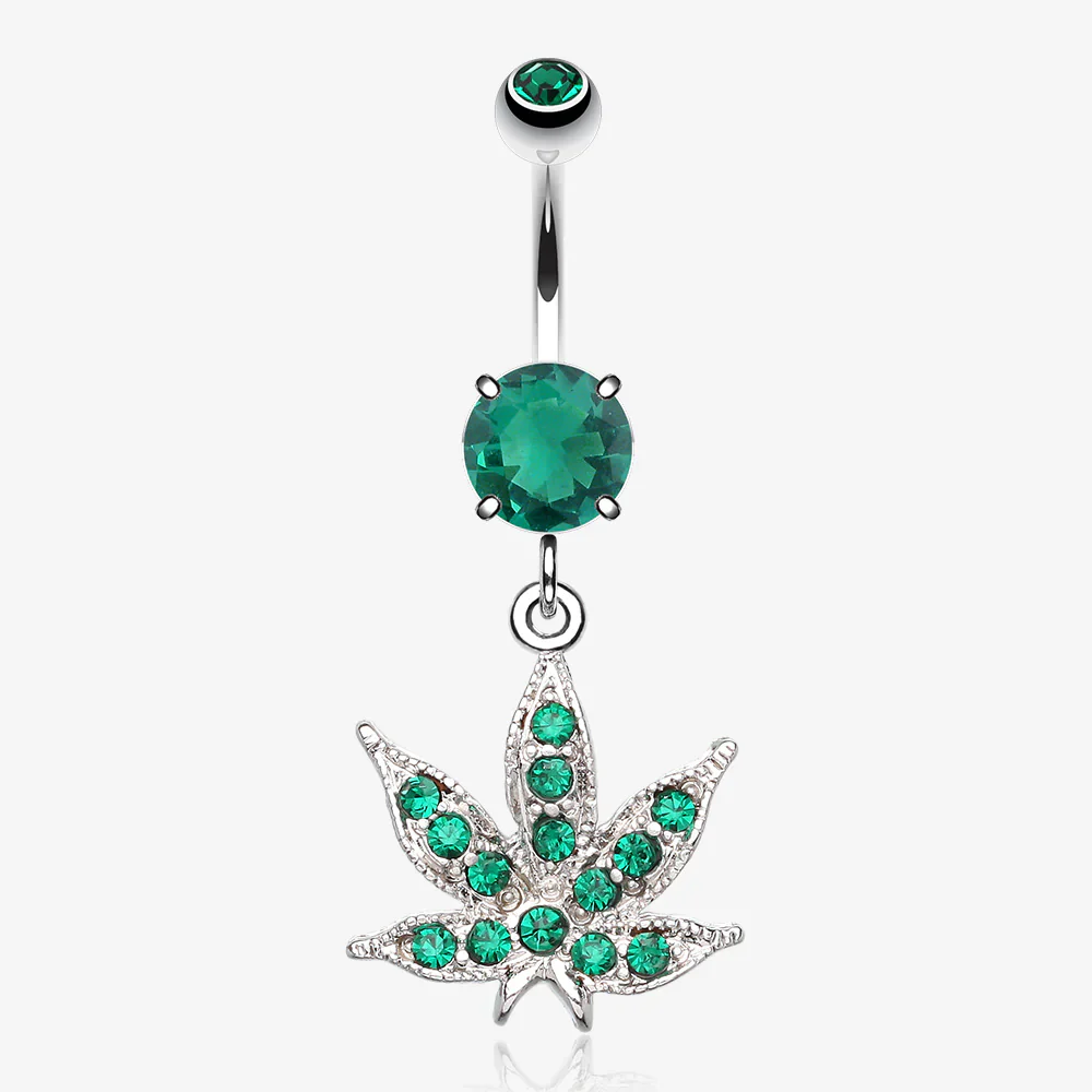 Marijuana Leaf Sparkle Belly Button Ring