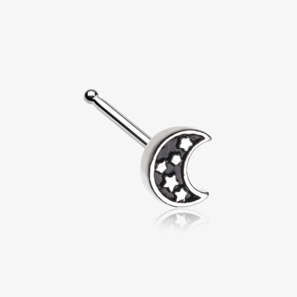 Midnight Crescent Moon Inner Stars Nose Stud Ring