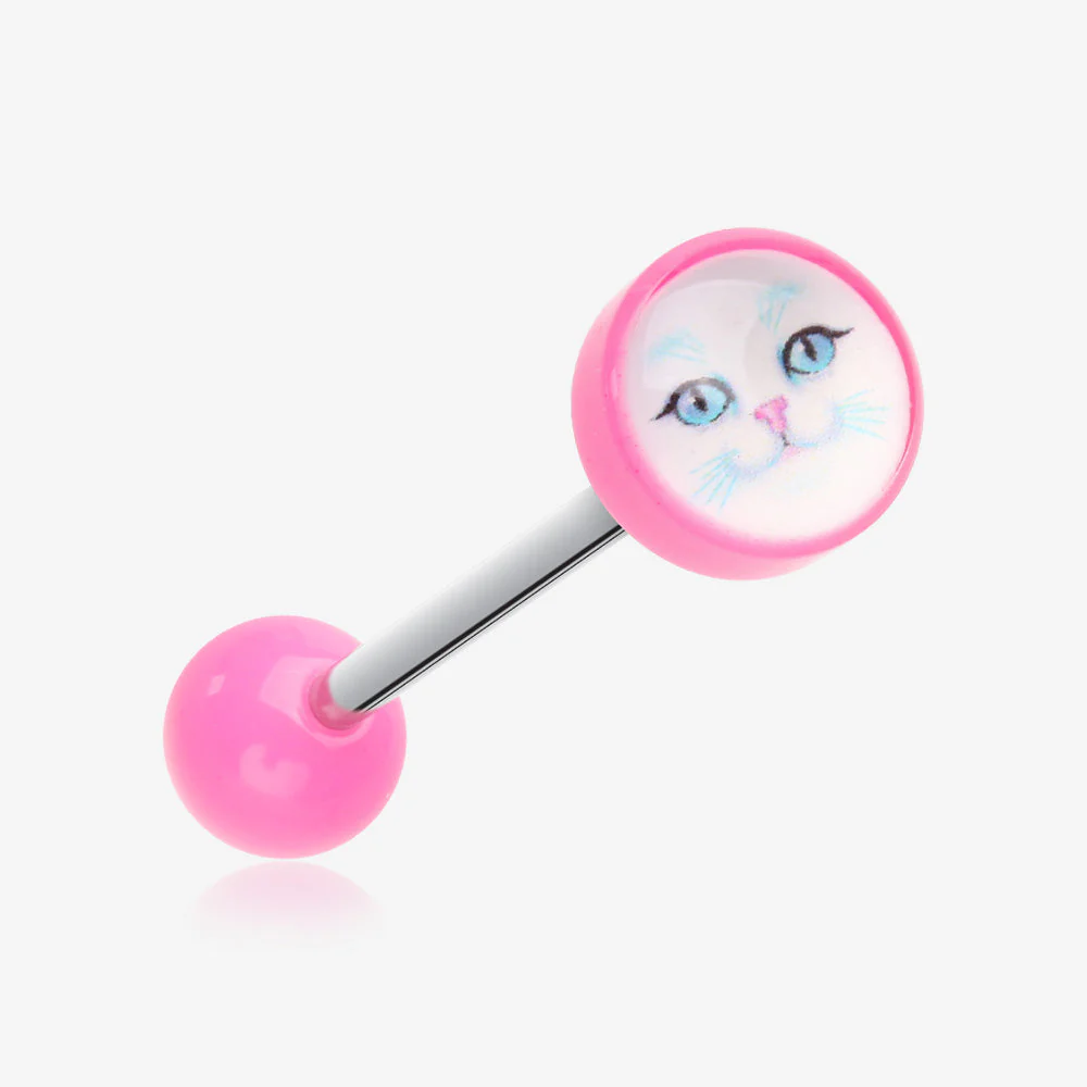 Mystic White Kitty Cat Acrylic Top Barbell Tongue Ring