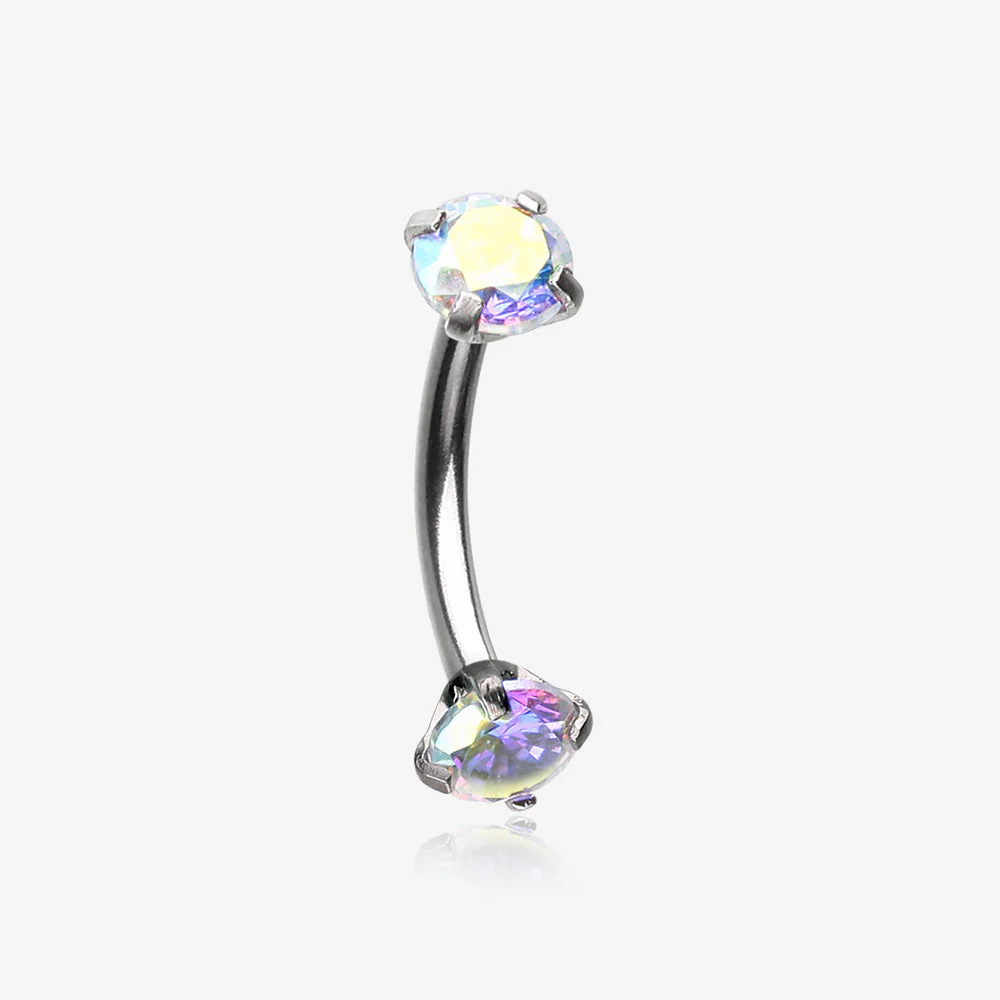 Prong Set Gem Sparkles Internally Threaded Curved Barbell