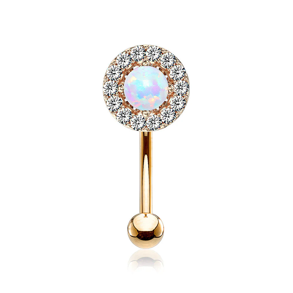Rose Gold Brilliant Sparkle Gems Fire Opal Prong Set Curved Barbell