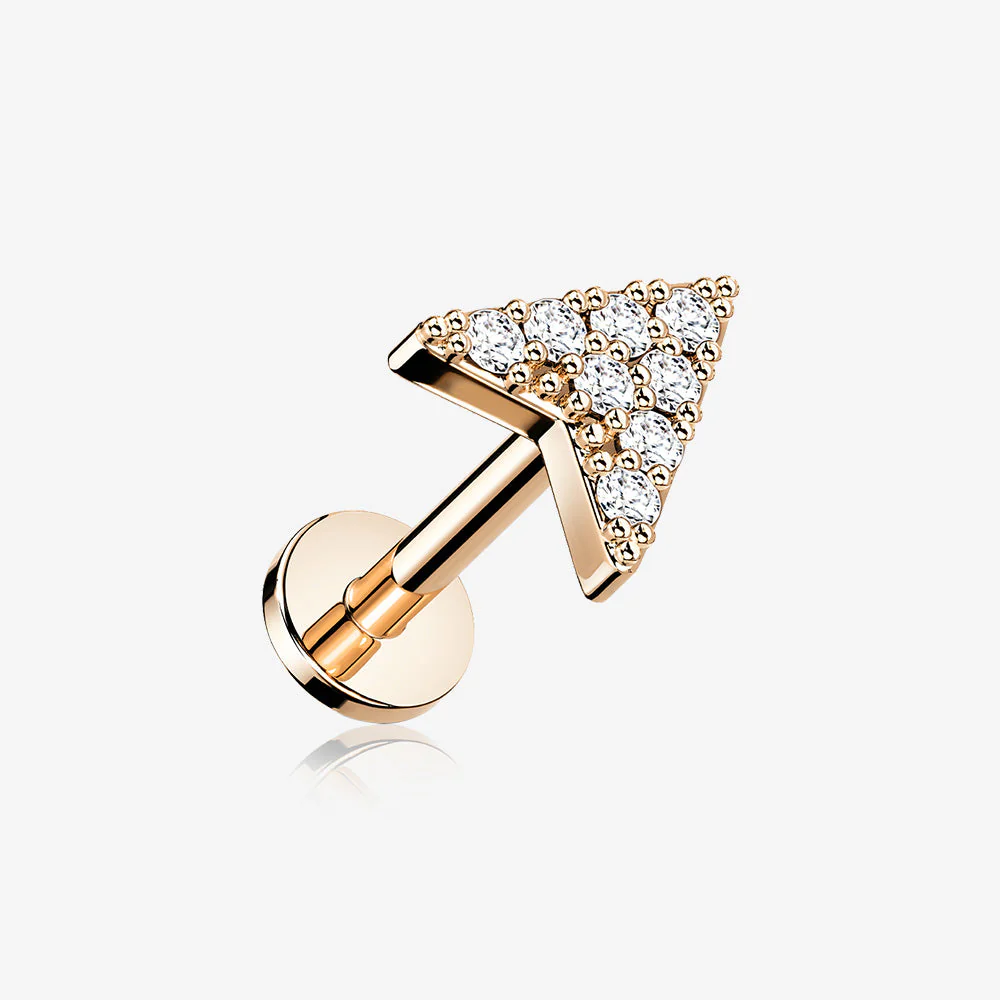 Rose Gold Chevron Arrow Sparkle Top Internally Threaded Steel Flat Back Stud Labret
