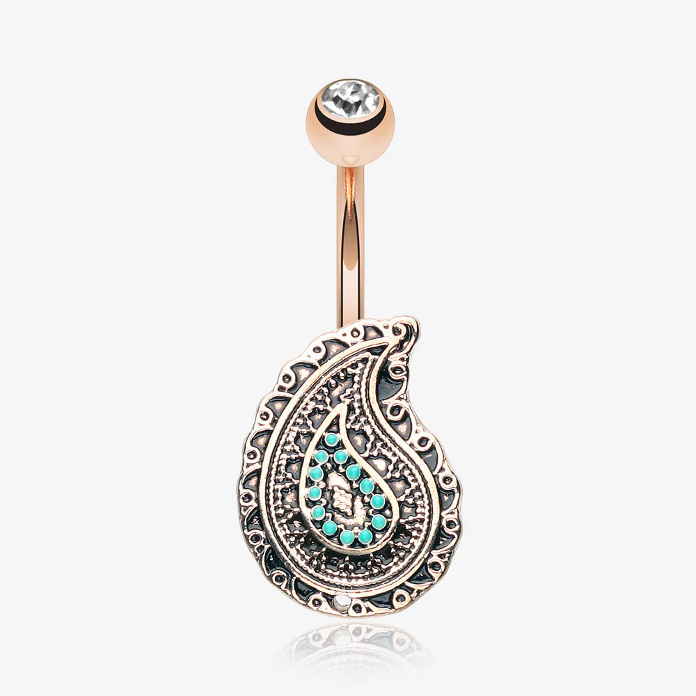 Rose Gold Vintage Boho Paisley Turquoise Belly Button Ring