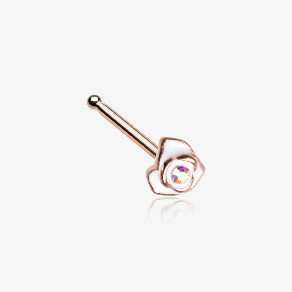 Rose Gold White Rose Blossom Sparkle Nose Stud Ring