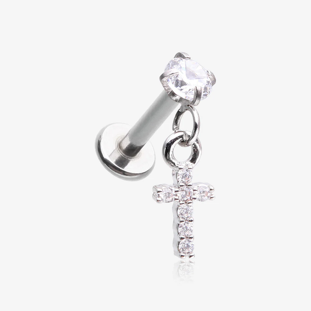 Sparkle Cross Dangle Internally Threaded Labret Flat Back Stud