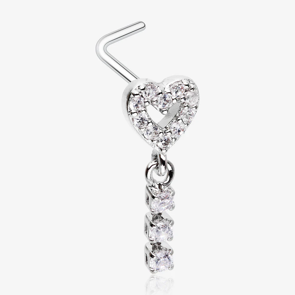 Sparkle Heart Loop Dangle Gem Drop L-Shaped Nose Ring