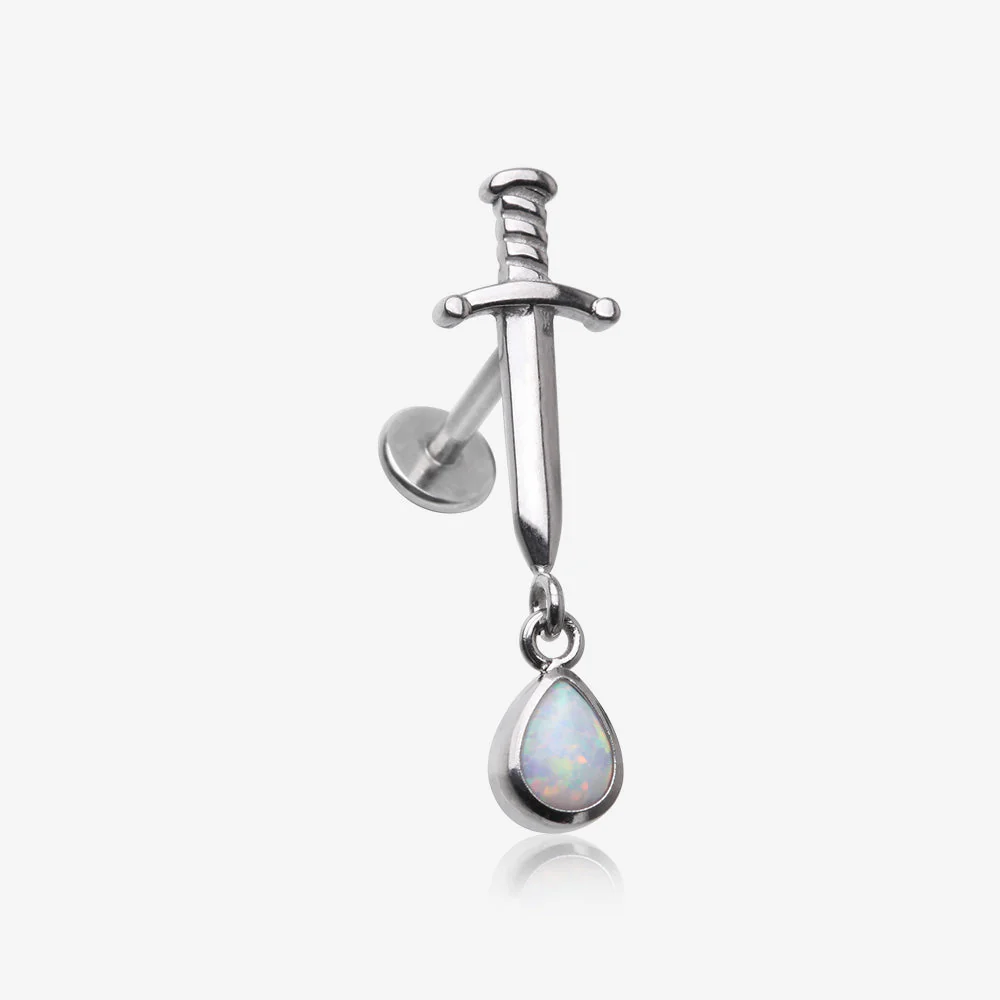 Teardrop Fire Opal Dangle Dagger Sword Internally Threaded Steel Flat Back Stud Labret