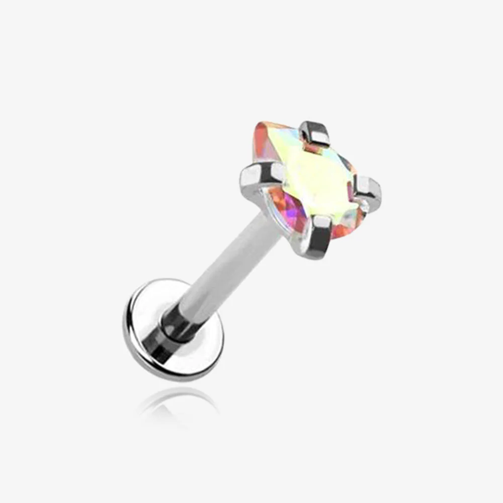 Teardrop Prong Set Sparkle Top Internally Threaded Labret Flat Back Stud