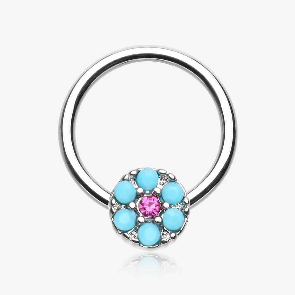 Turquoise Boho Circle Sparkle Captive Bead Ring